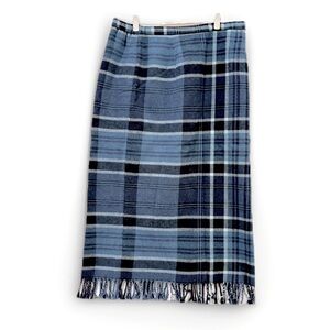 Vintage Wool Blend Blue Plaid Fringe Hem Women's Pencil Skirt Size 16